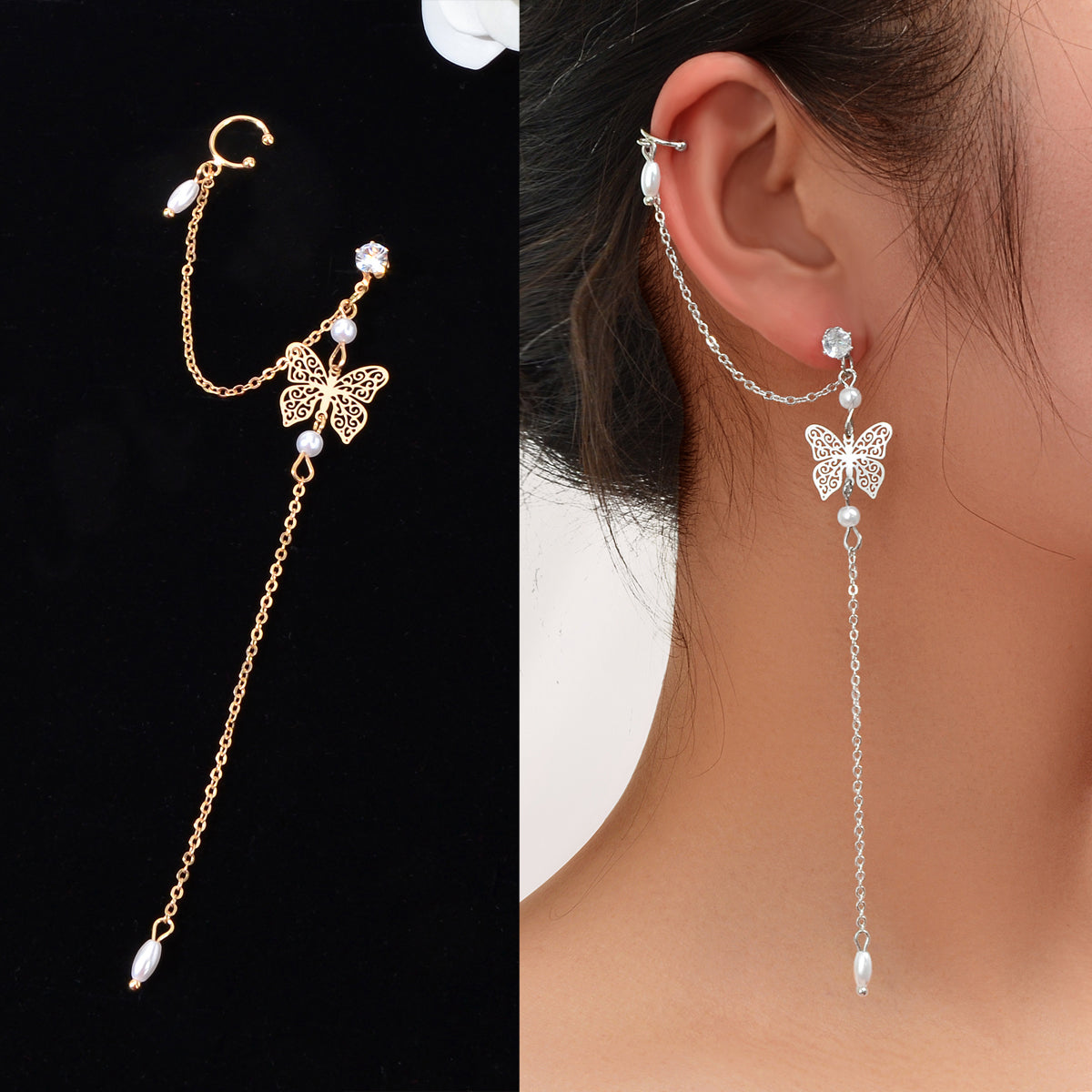 Butterfly Pendant Tassel Stud Earrings - Elegant and Whimsical Dangles Ear Clip