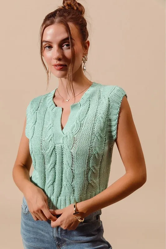 SO ME Notched Neck Cable Knit Sweater Vest