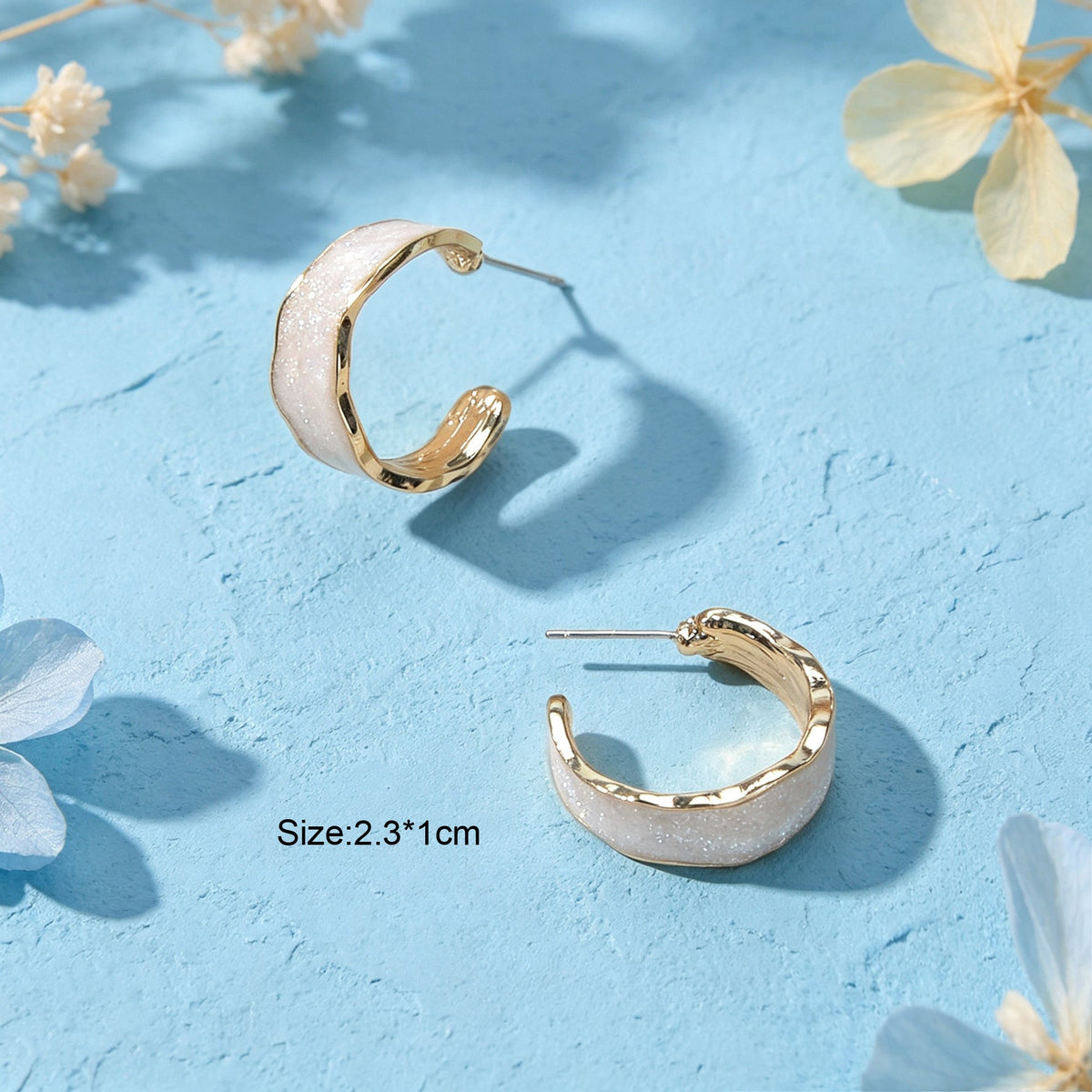 Pink Enamel Circle Shining Hoop Earrings C Shape Stud Teens Textured Jewellery