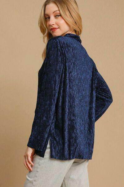 Umgee Women's Side Slit Textured Button Up Shirt Polyester Stretch