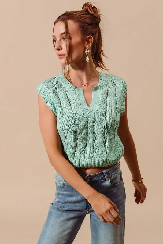 SO ME Notched Neck Cable Knit Sweater Vest