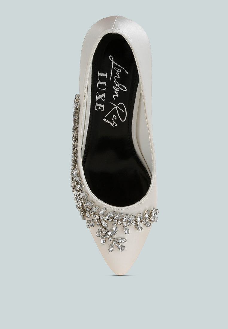 Abatina Satin Diamante Embellished Pumps Pointed Toe Block Heels
