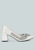 Abatina Satin Diamante Embellished Pumps Pointed Toe Block Heels