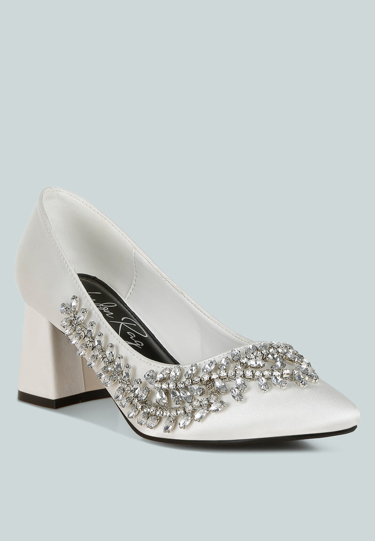 Abatina Satin Diamante Embellished Pumps Pointed Toe Block Heels