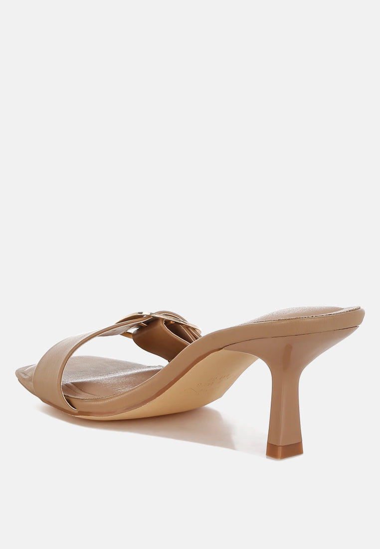 Acacia Buckle Strap Slip On Sandals Faux Leather Slim Heel