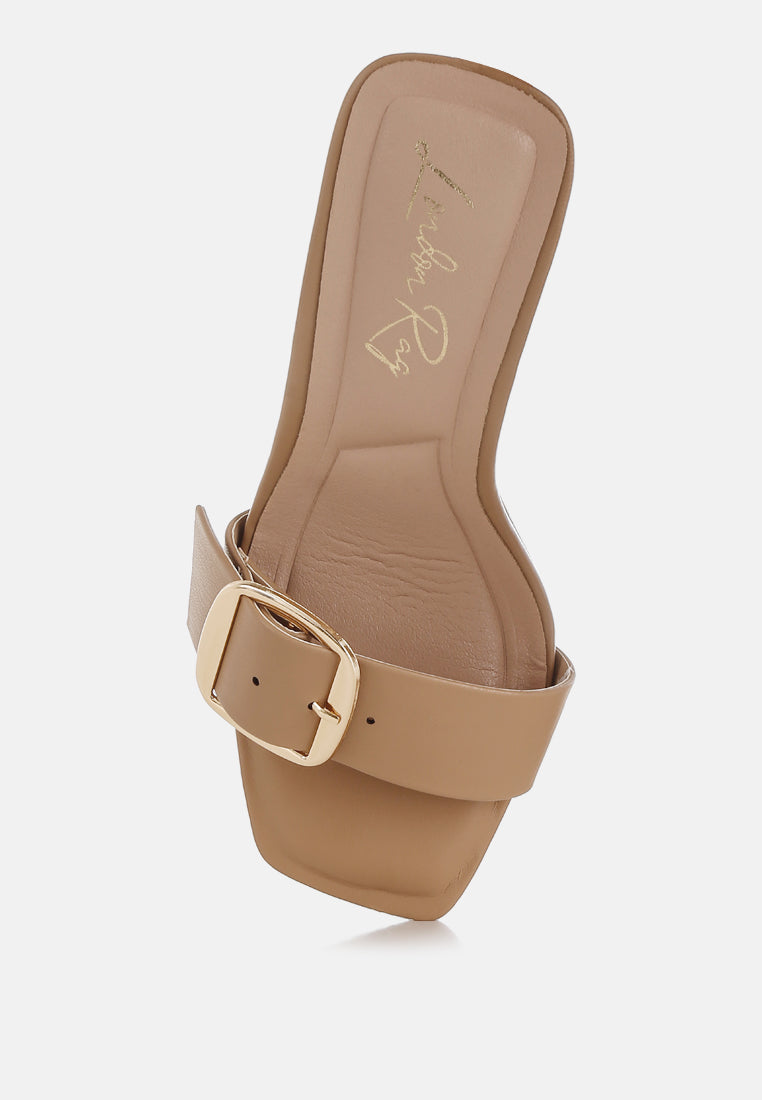 Acacia Buckle Strap Slip On Sandals Faux Leather Slim Heel
