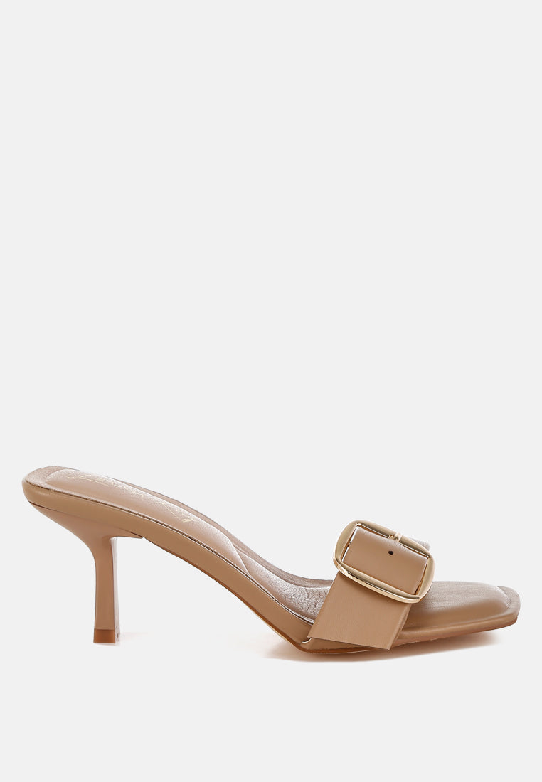 Acacia Buckle Strap Slip On Sandals Faux Leather Slim Heel