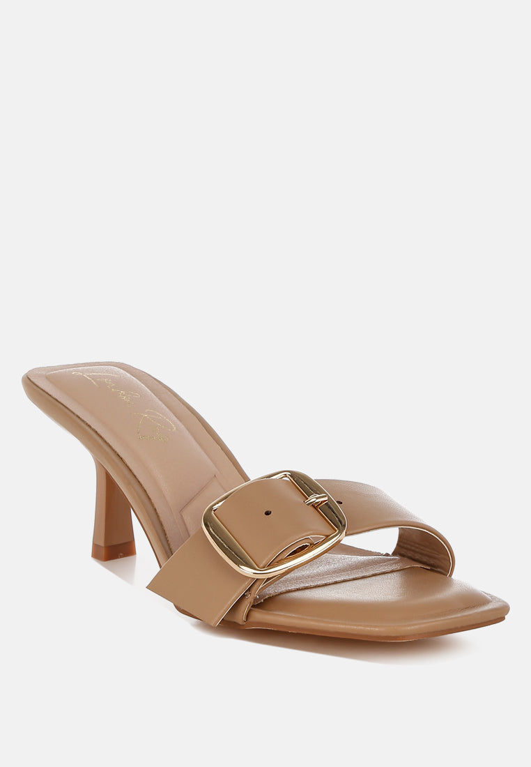 Acacia Buckle Strap Slip On Sandals Faux Leather Slim Heel