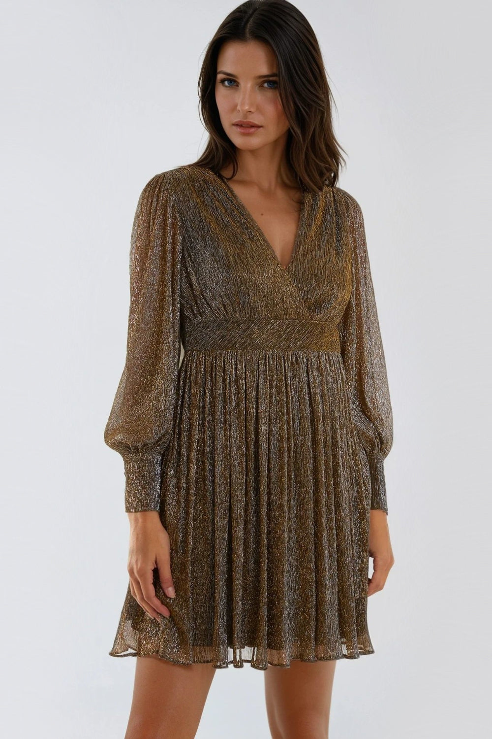 Gold Metallic V-Neck Mini Dress Pleated Shimmer Evening Party Dress