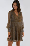Gold Metallic V-Neck Mini Dress Pleated Shimmer Evening Party Dress