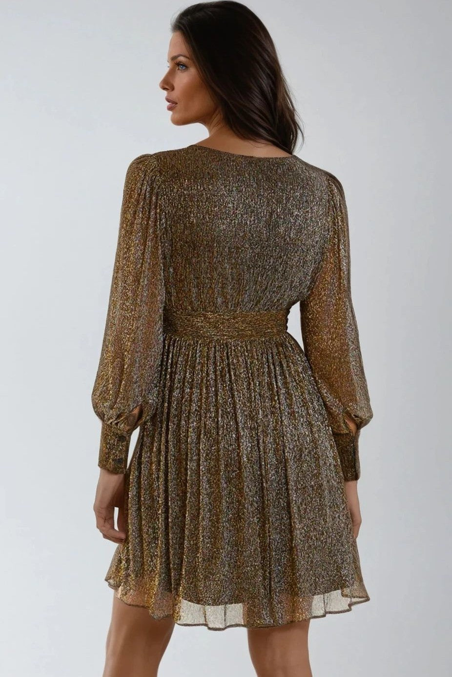 Gold Metallic V-Neck Mini Dress Pleated Shimmer Evening Party Dress