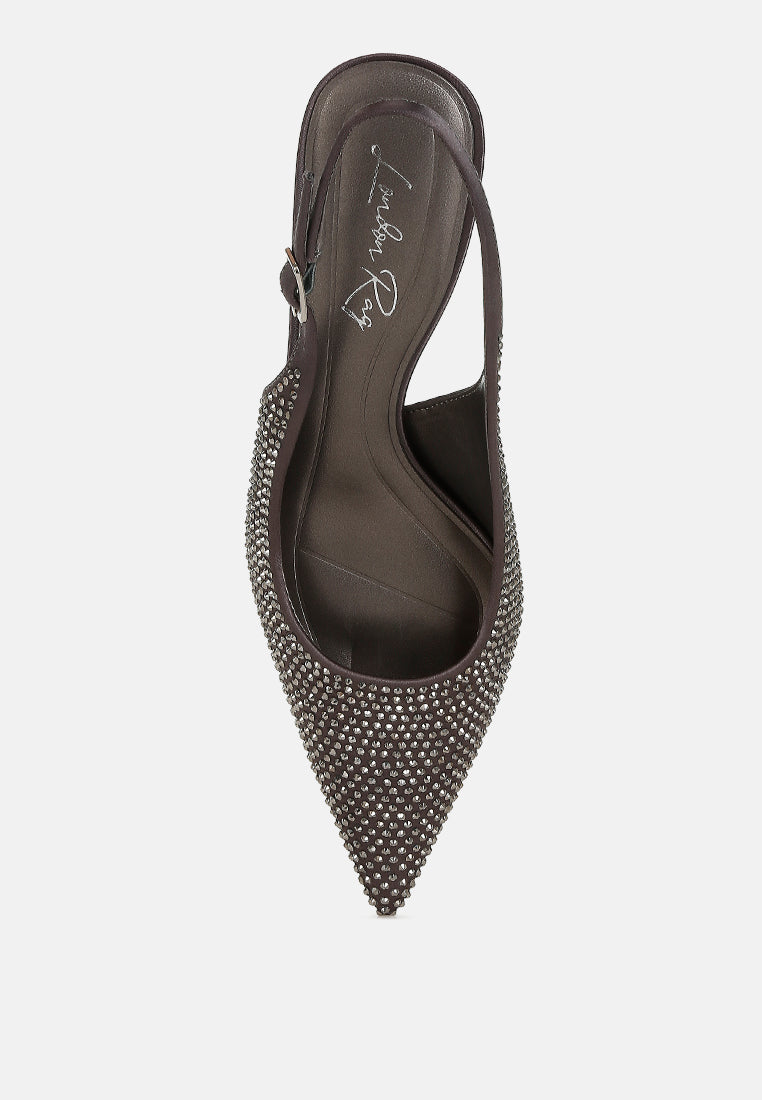 Amashi Rhinestone Embellished Satin Slingback Kitten Heel Sandals