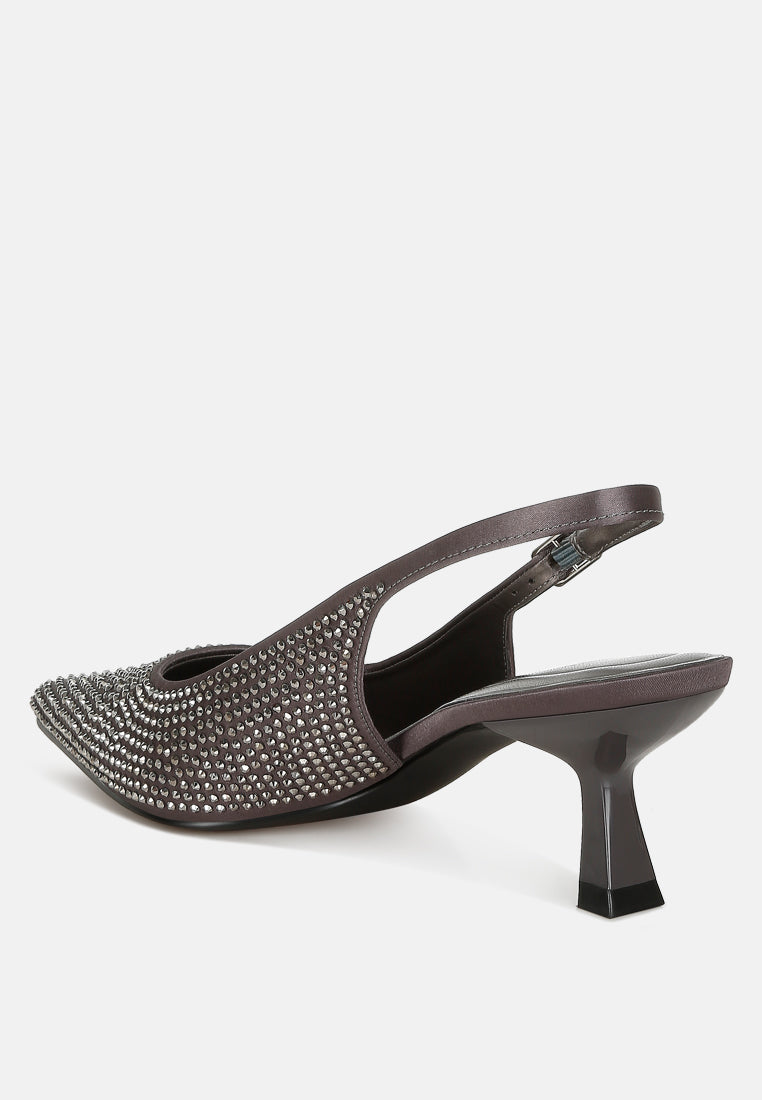 Amashi Rhinestone Embellished Satin Slingback Kitten Heel Sandals