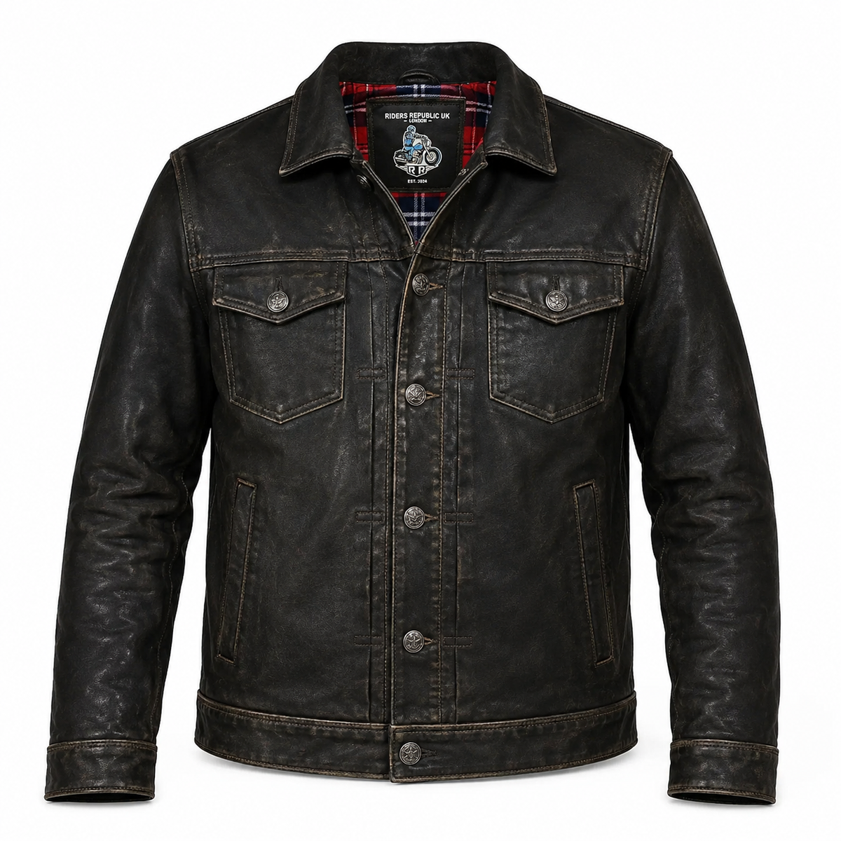 Men’s Distressed Cowhide Leather Trucker Jacket with Zip Closure