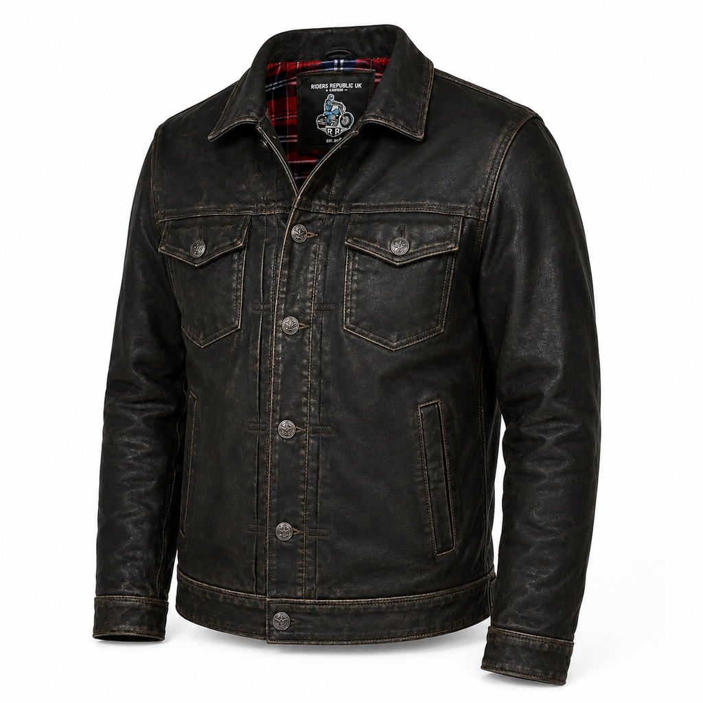 Men’s Distressed Cowhide Leather Trucker Jacket with Zip Closure