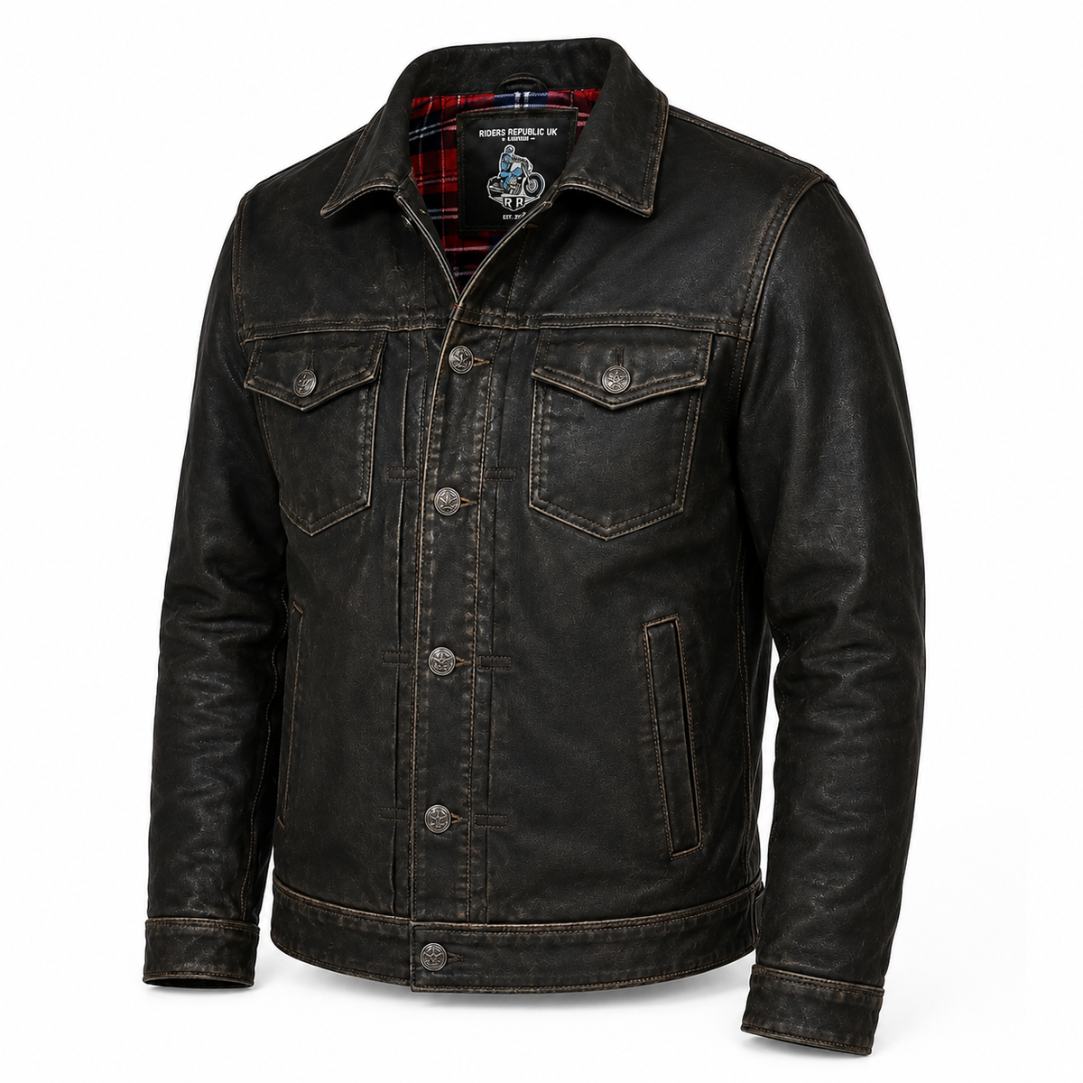 Men’s Distressed Cowhide Leather Trucker Jacket with Zip Closure