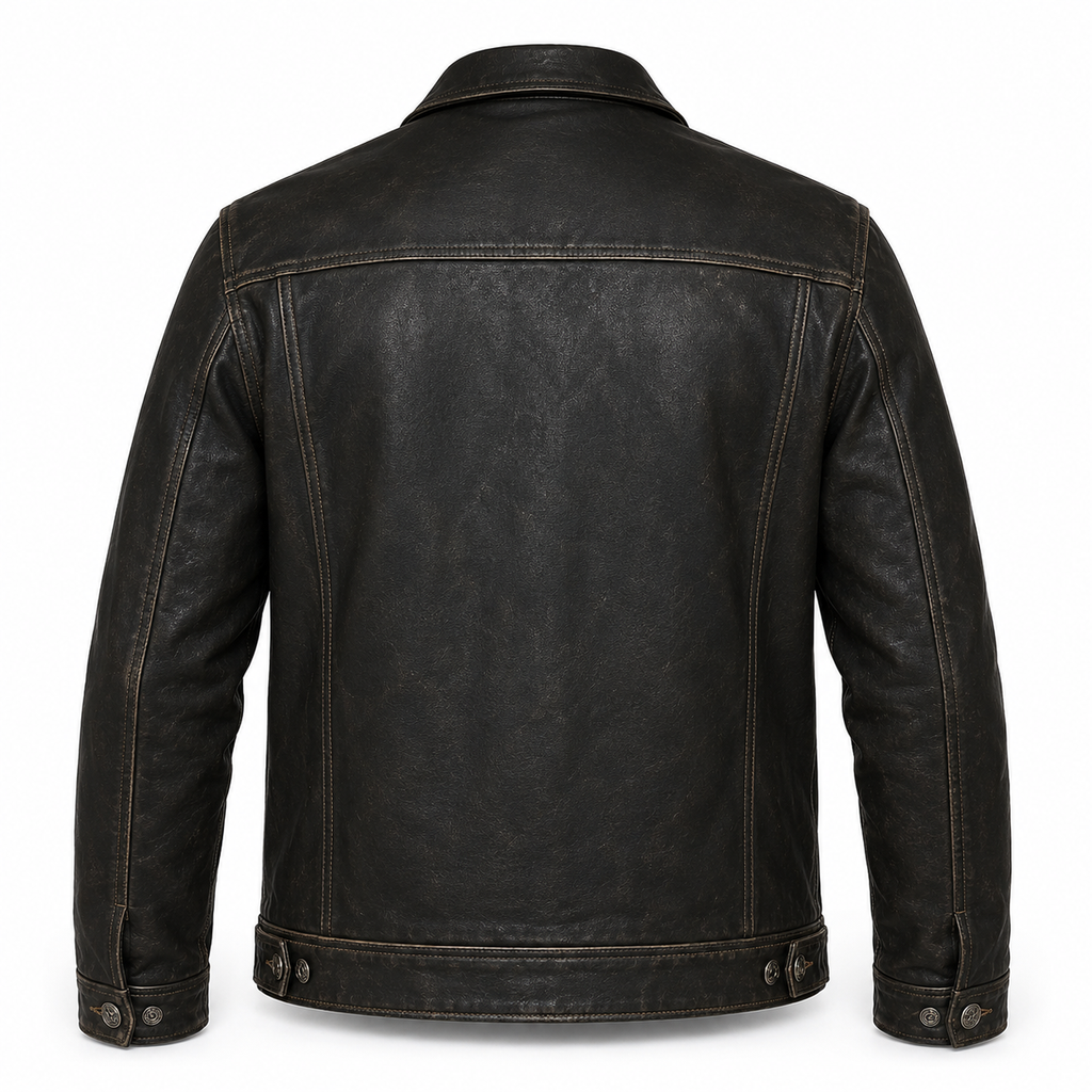 Men’s Distressed Cowhide Leather Trucker Jacket with Zip Closure