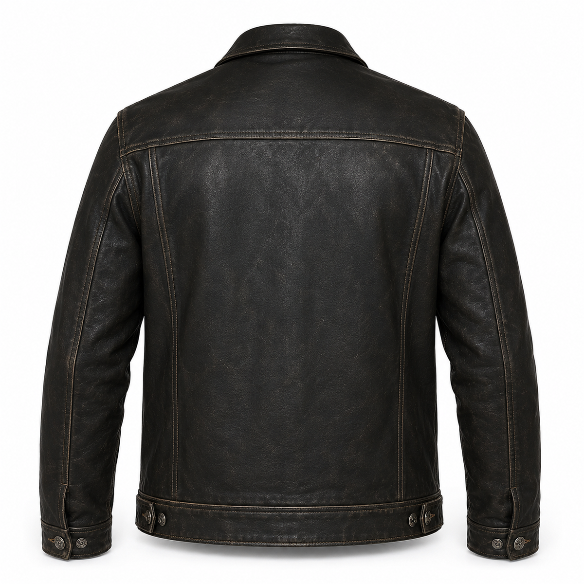 Men’s Distressed Cowhide Leather Trucker Jacket with Zip Closure