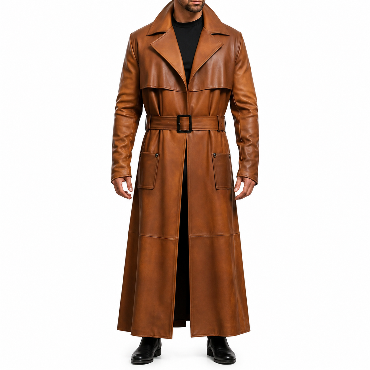 Mens Peanut Brown Distressed Genuine Leather Duster Coat Vintage Style