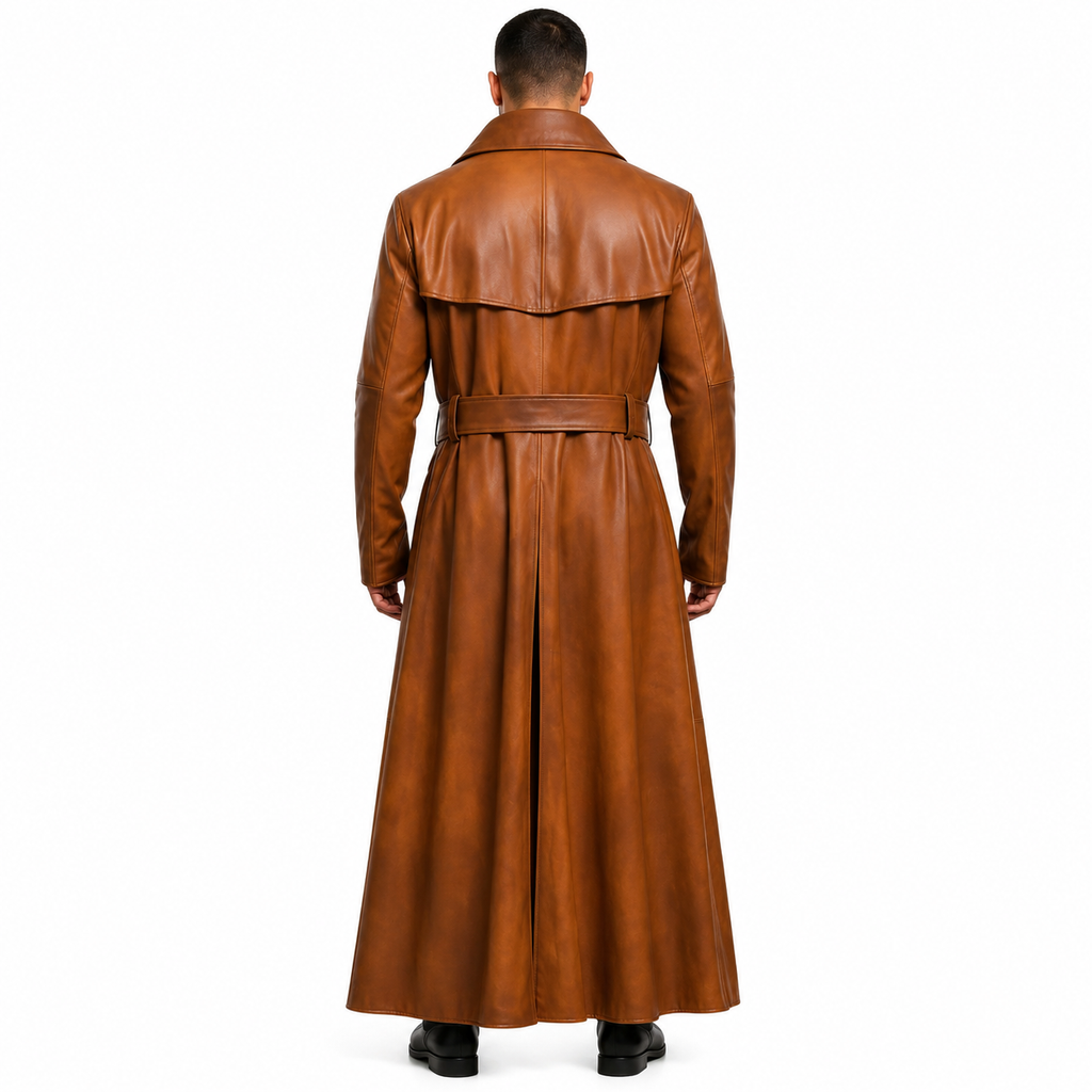 Mens Peanut Brown Distressed Genuine Leather Duster Coat Vintage Style