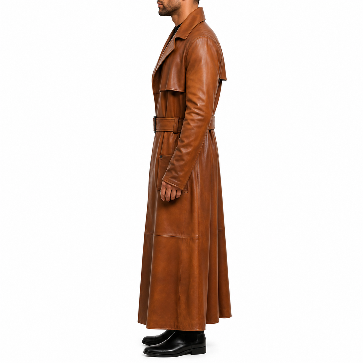 Mens Peanut Brown Distressed Genuine Leather Duster Coat Vintage Style