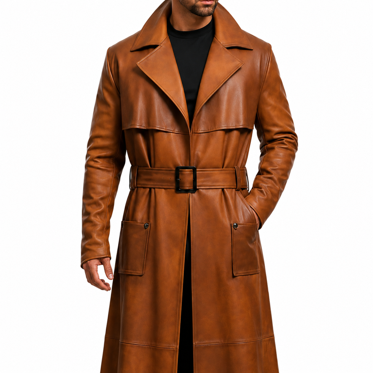 Mens Peanut Brown Distressed Genuine Leather Duster Coat Vintage Style