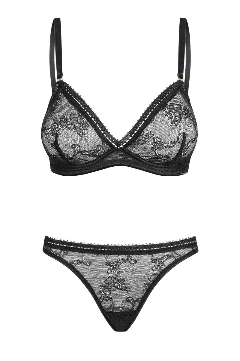 Black Lace Underwired Bra and Thong Set XL Adjustable Straps