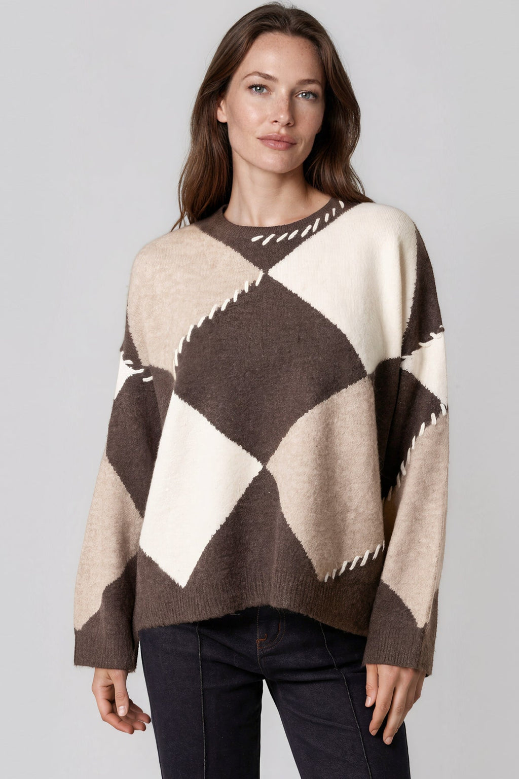 Brown Argyle Wool Blend Jumper Lightweight Soft Knitwear Casualwear