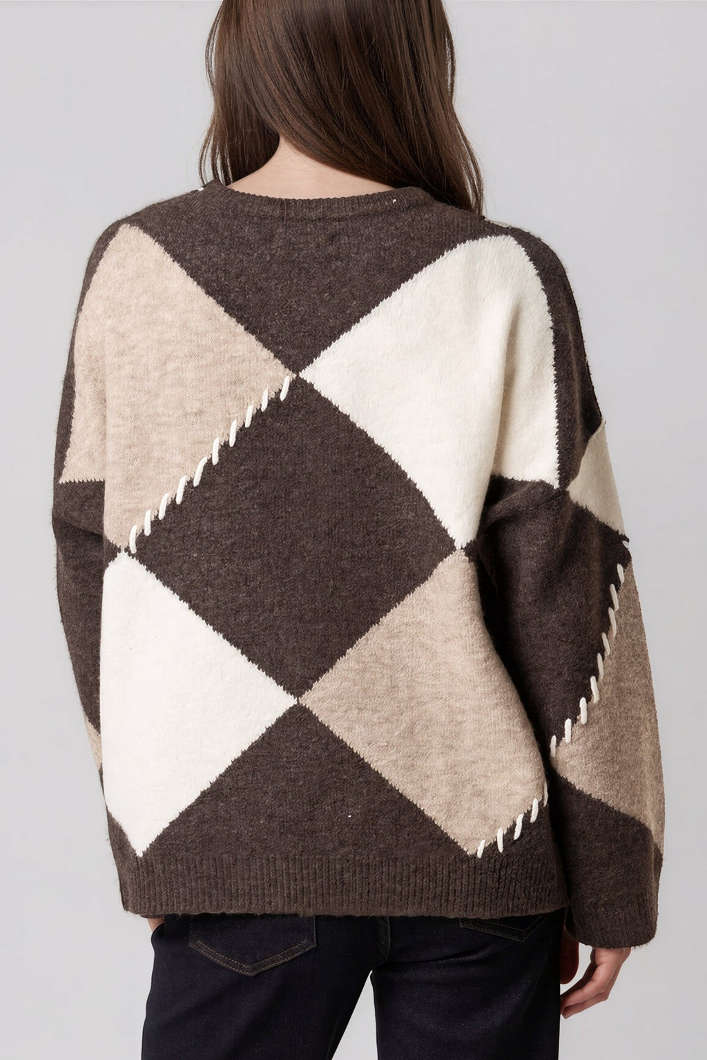 Brown Argyle Wool Blend Jumper Lightweight Soft Knitwear Casualwear