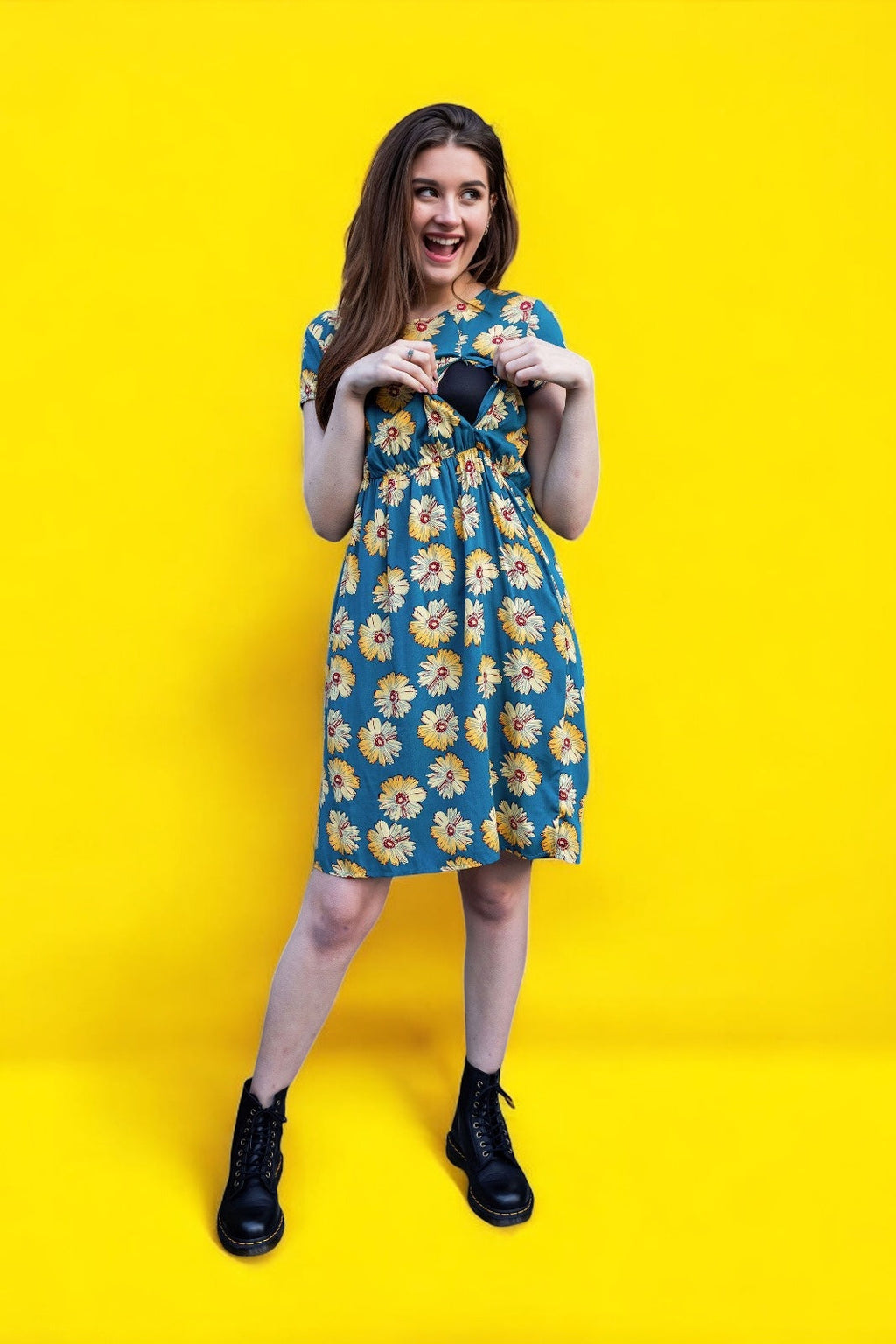 Blue Sunflower Cotton Knee Length Breastfeeding Dress-3