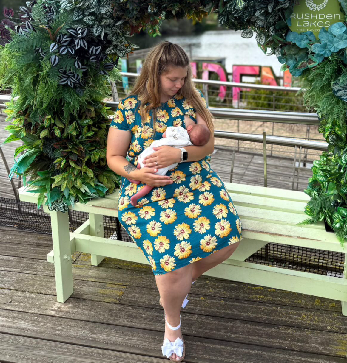 Blue Sunflower Cotton Knee Length Breastfeeding Dress-4
