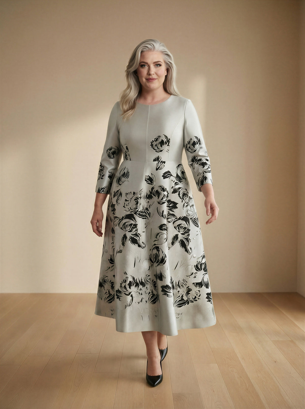 Silver A-line Floral Jacquard Formal Mother of the Bride Dress Midi