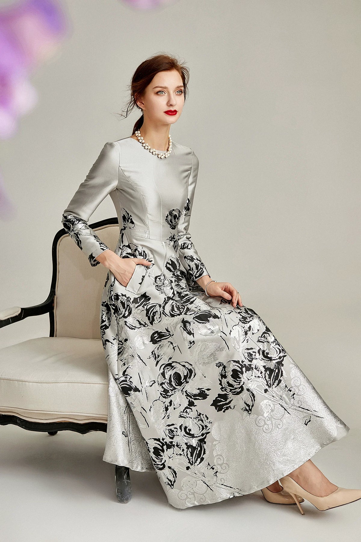 Silver A-line Floral Jacquard Formal Mother of the Bride Dress Midi