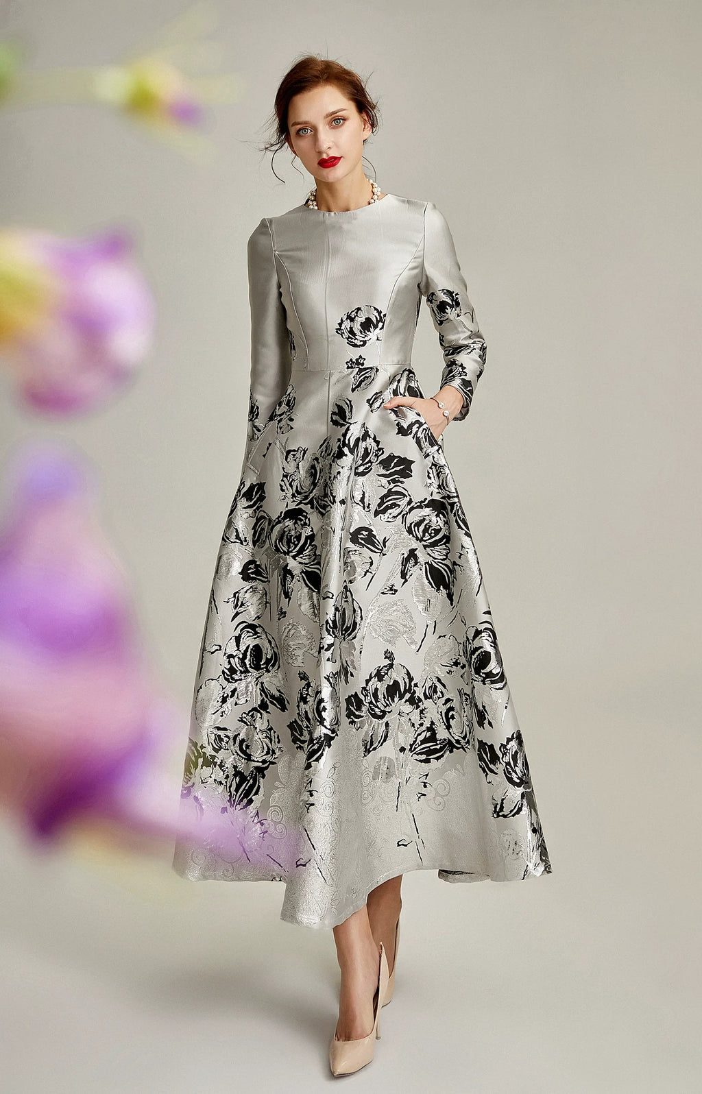 Silver A-line Floral Jacquard Formal Mother of the Bride Dress Midi