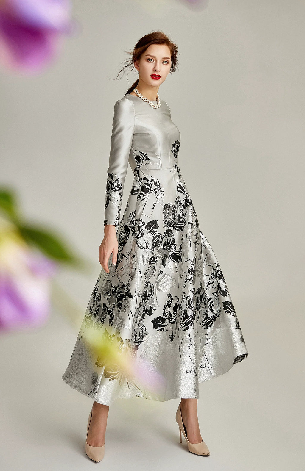 Silver A-line Floral Jacquard Formal Mother of the Bride Dress Midi