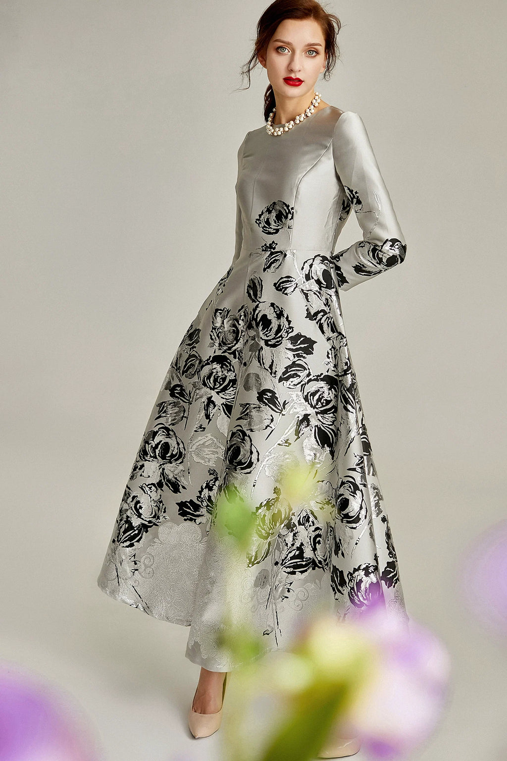 Silver A-line Floral Jacquard Formal Mother of the Bride Dress Midi