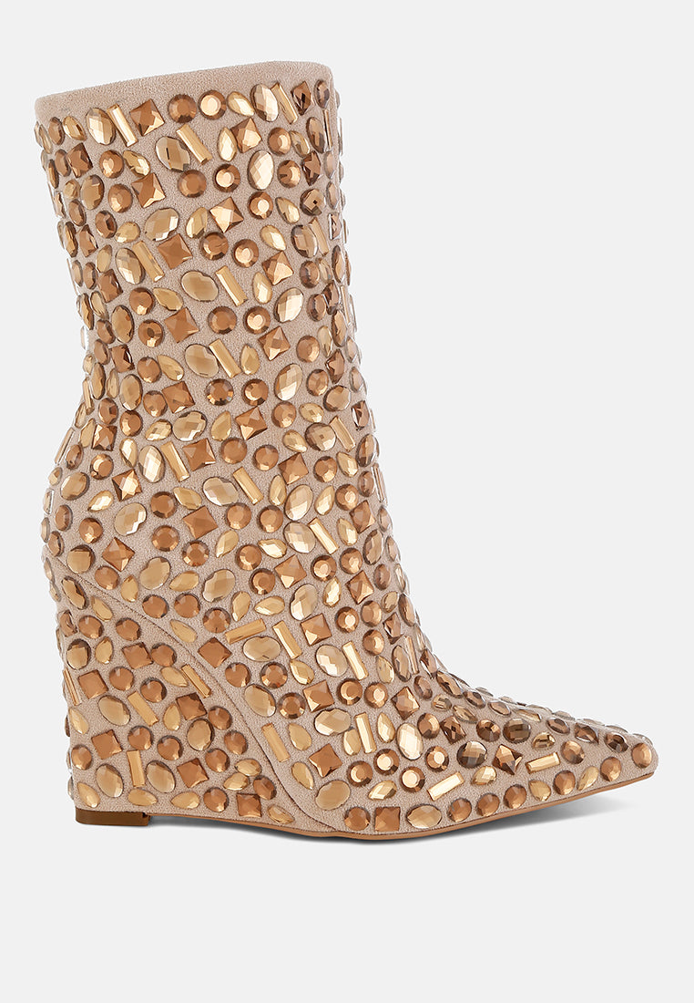 Trend Titan Diamante Slim Wedge Heel Pointed Toe Boots for Women