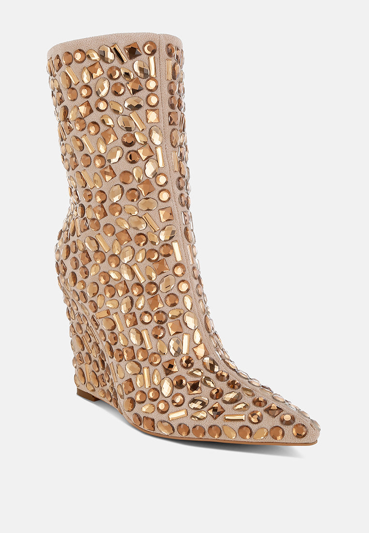 Trend Titan Diamante Slim Wedge Heel Pointed Toe Boots for Women
