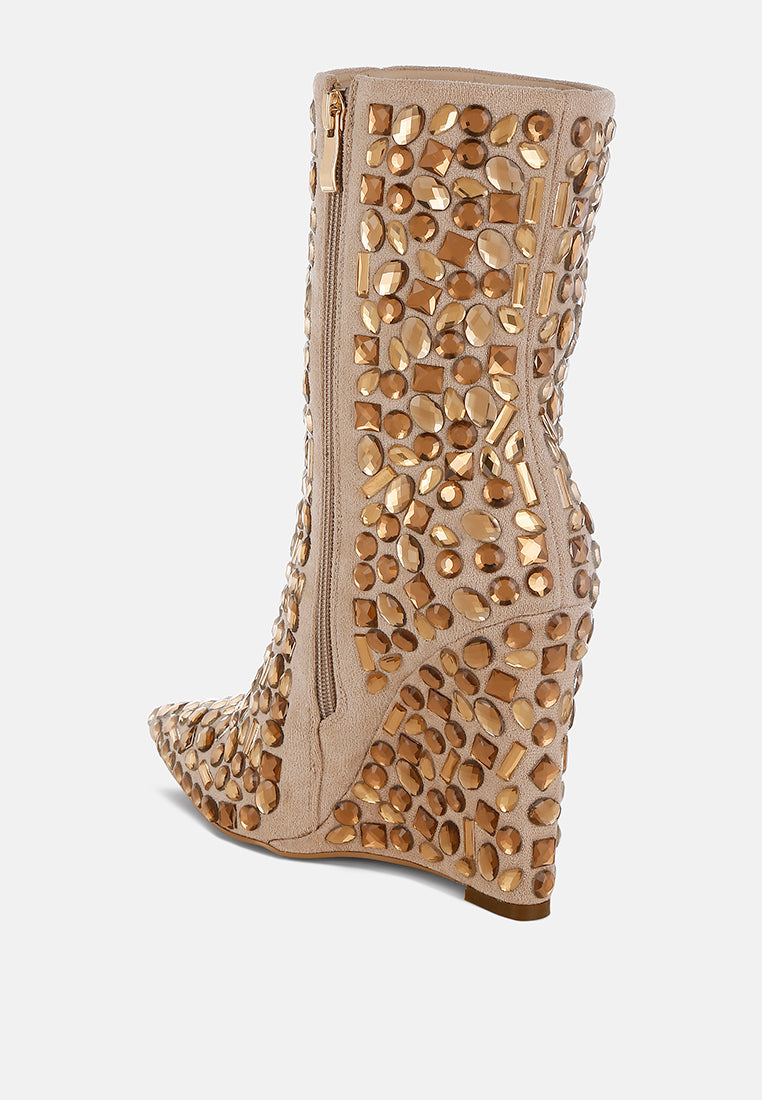 Trend Titan Diamante Slim Wedge Heel Pointed Toe Boots for Women