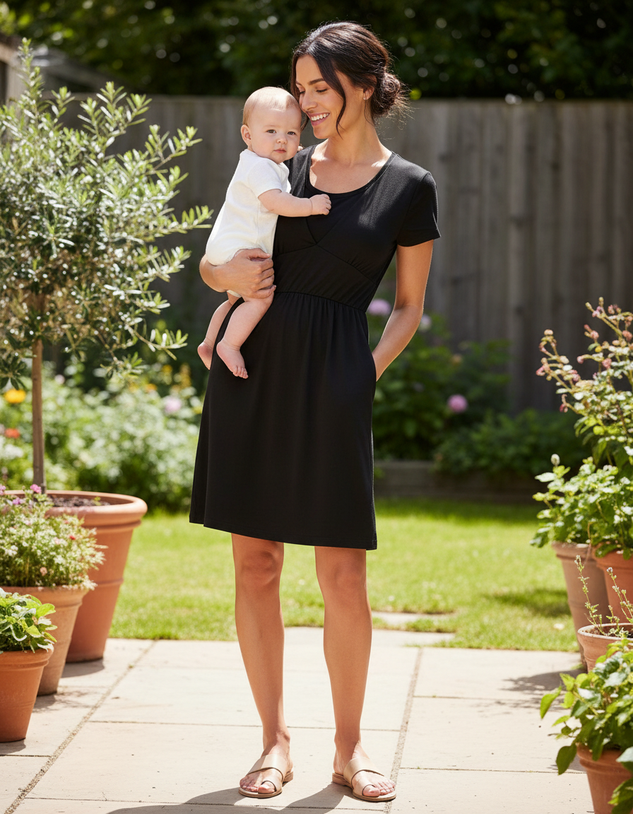 Black Cotton Breastfeeding Dress | Black Nursing Dress | MilkyMoon-0