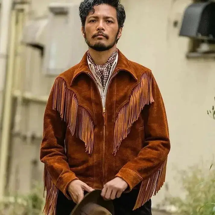 Men’s Brown Suede Leather Western Cowboy Fringe Jacket Premium