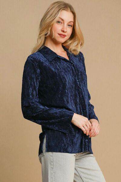Umgee Women's Side Slit Textured Button Up Shirt Polyester Stretch