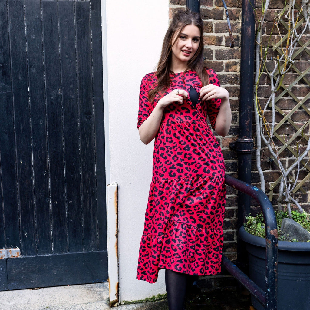 Red Leopard Midi Breastfeeding Dress | MilkyMoon-0