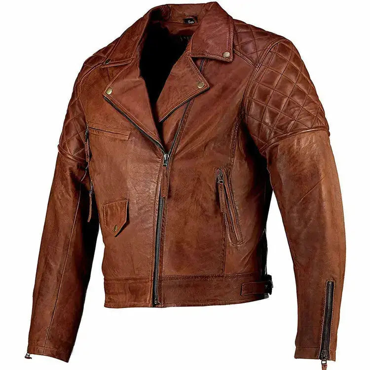 Mens Vintage Brown Distressed Leather Cafe Racer Jacket Genuine Cowhide