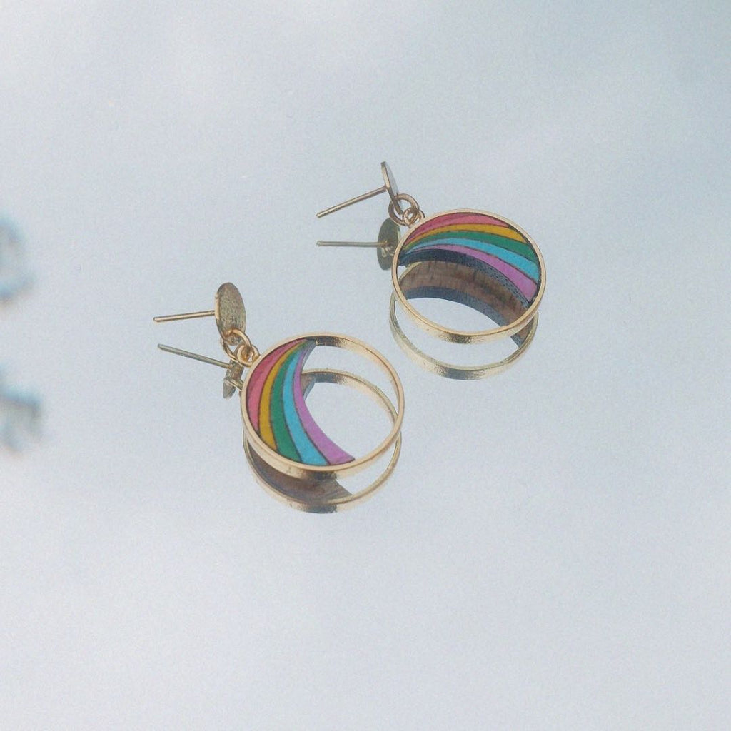 Rainbow Eco-friendly Recycled Wood Gold Earrings-2