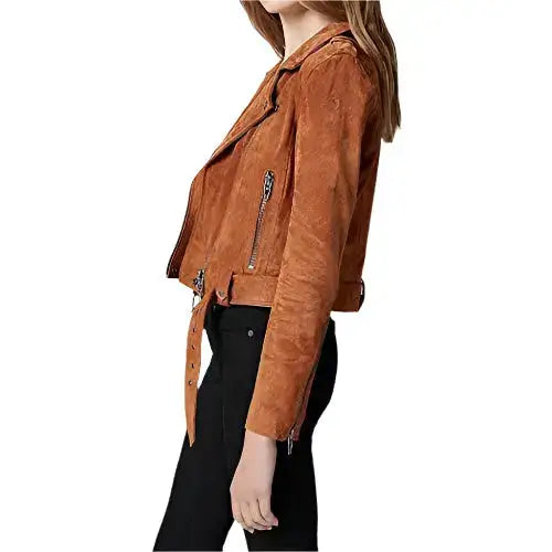 Women’s Cropped Suede Leather Motorcycle Jacket Biker Style