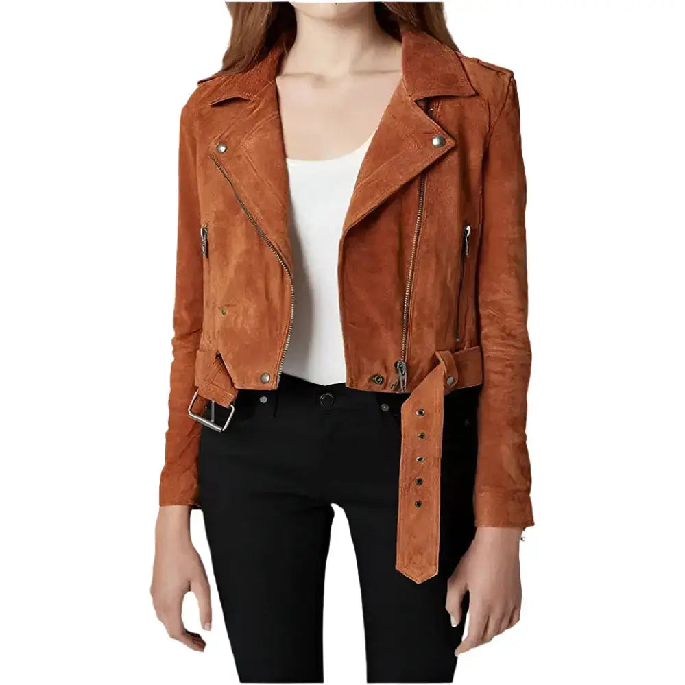 Women’s Cropped Suede Leather Motorcycle Jacket Biker Style